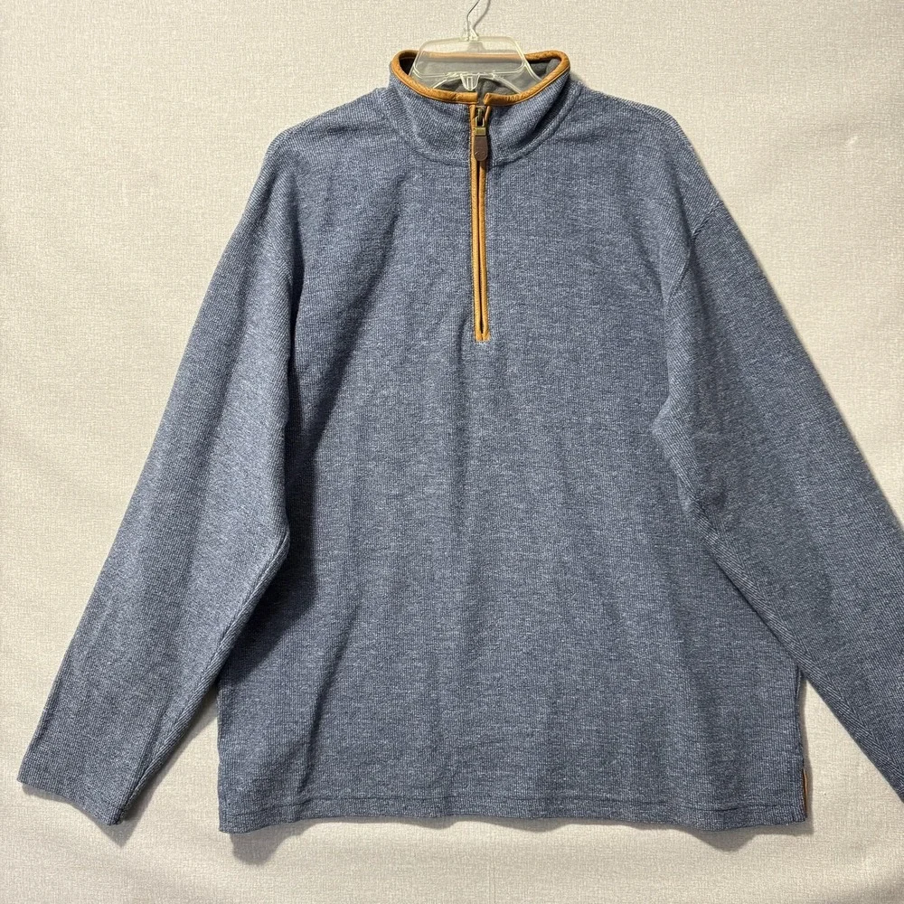 Orvis Sweater Mens Large Blue Quarter‎ Zip Mock Neck Leather Trim Elbow Patches
